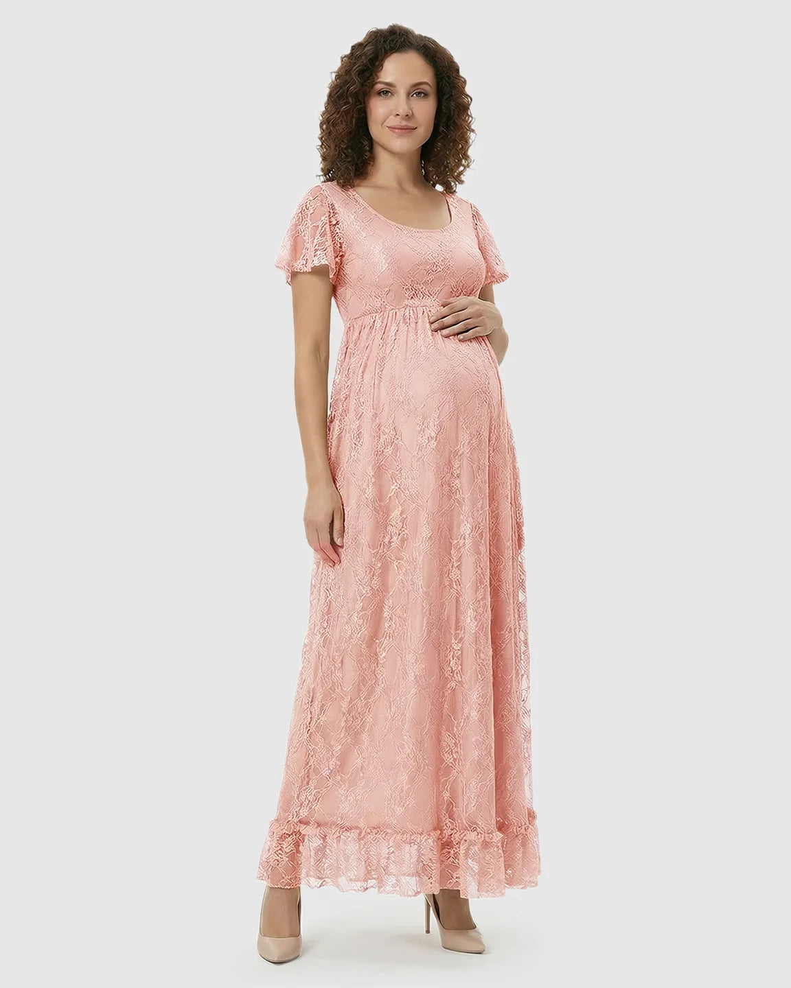 Ruffled Hem Floral Lace Maternity Photoshoot Dress