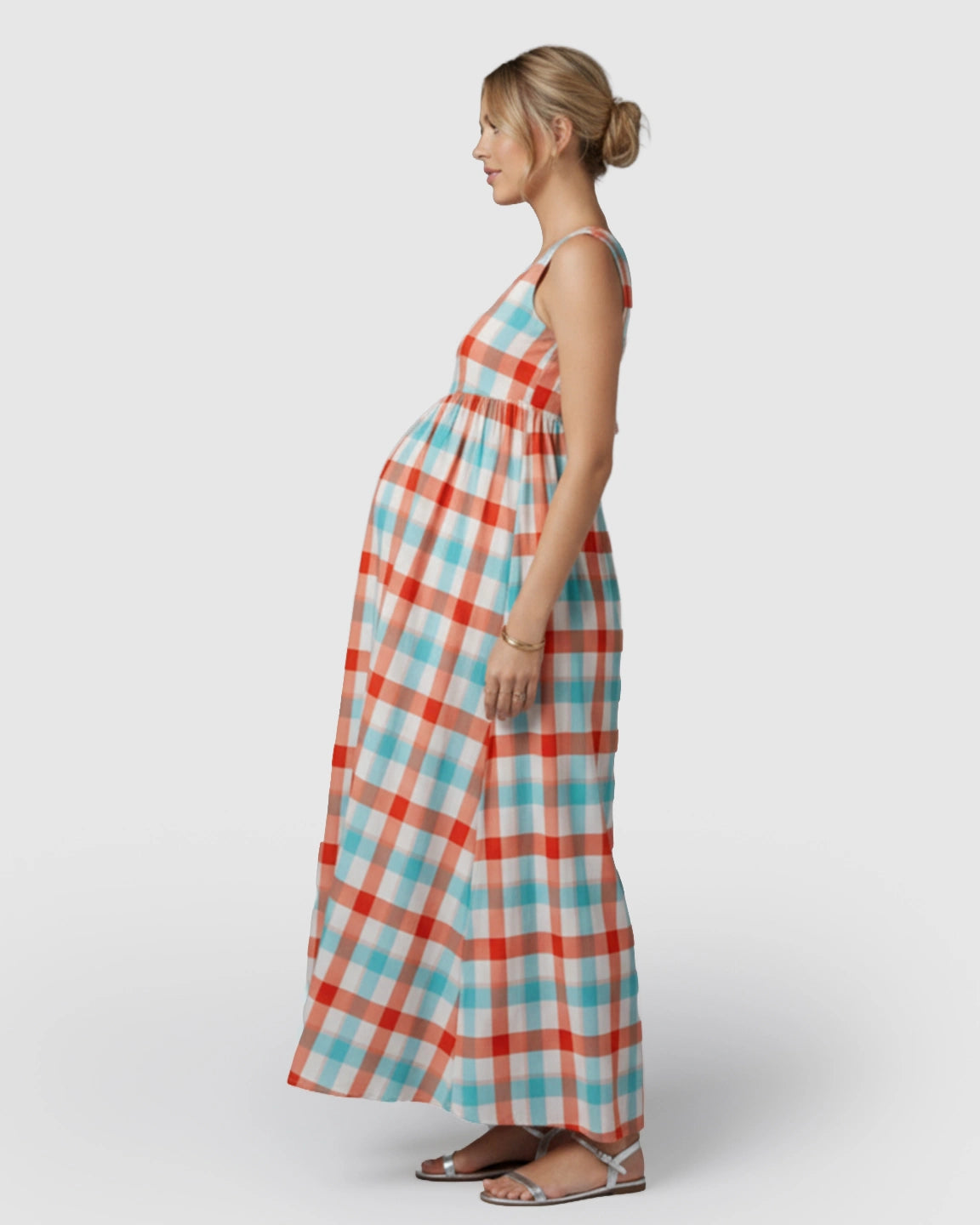 Tie-Back Plaid Pattern Maternity Maxi Dress