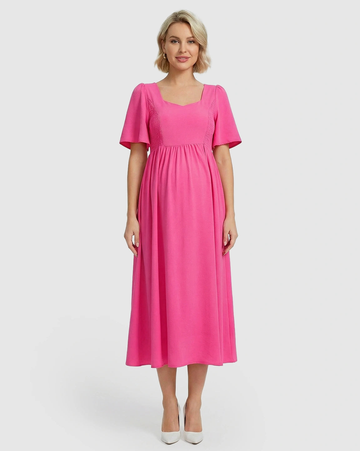 Shirred Ruffle Sleeve Swing Maternity Midi Dress