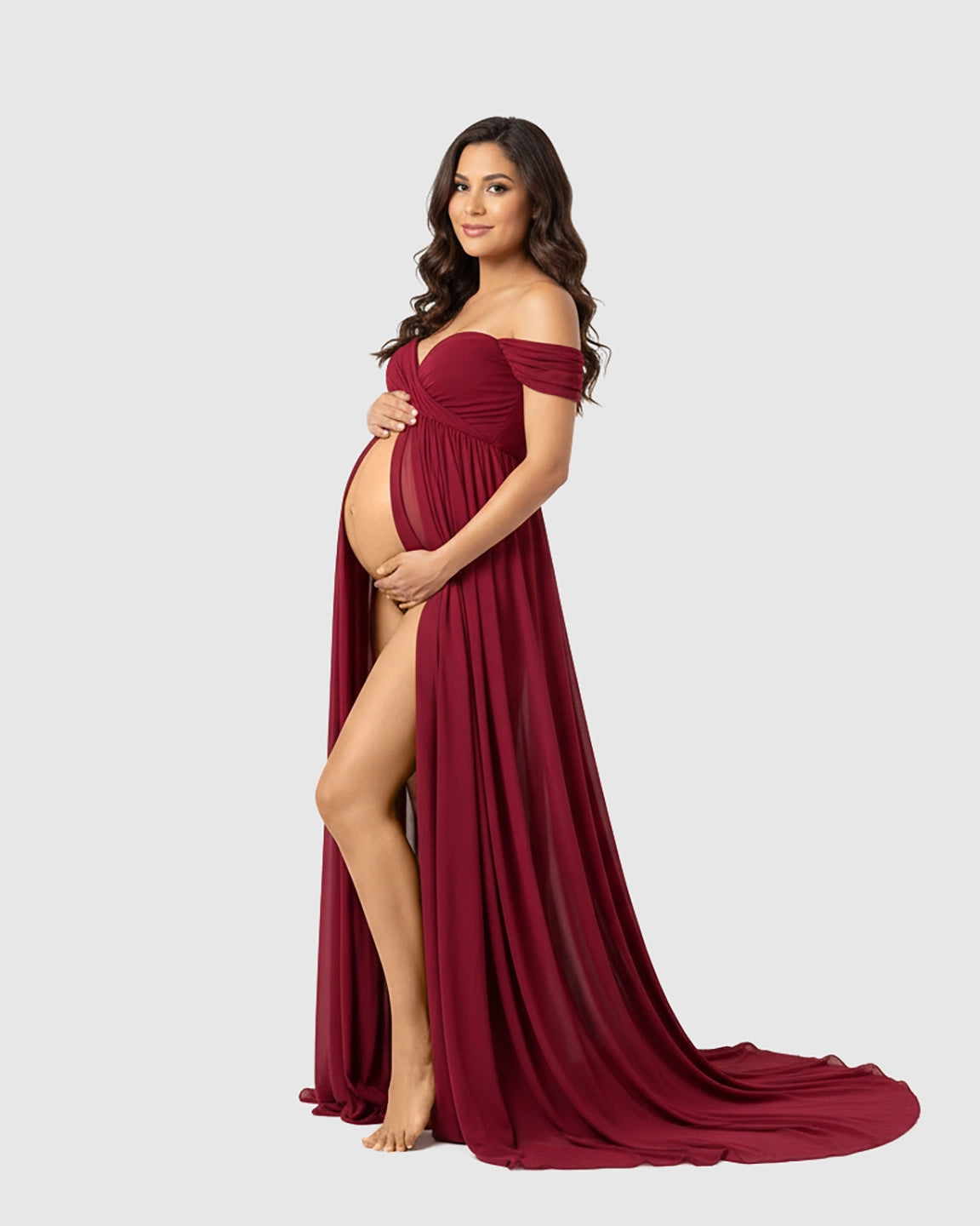 Off Shoulder Laced Flowing Maternity Maxi Dress