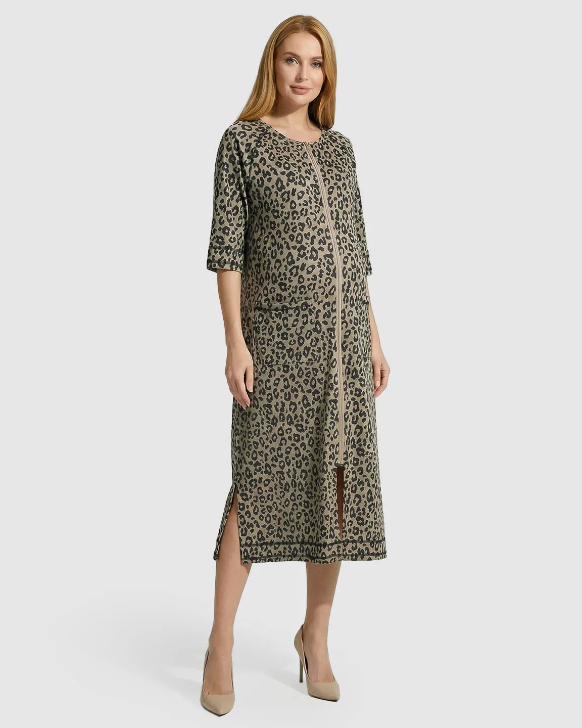Front Zipper Leopard Print Maternity Nursing Lounge Dress