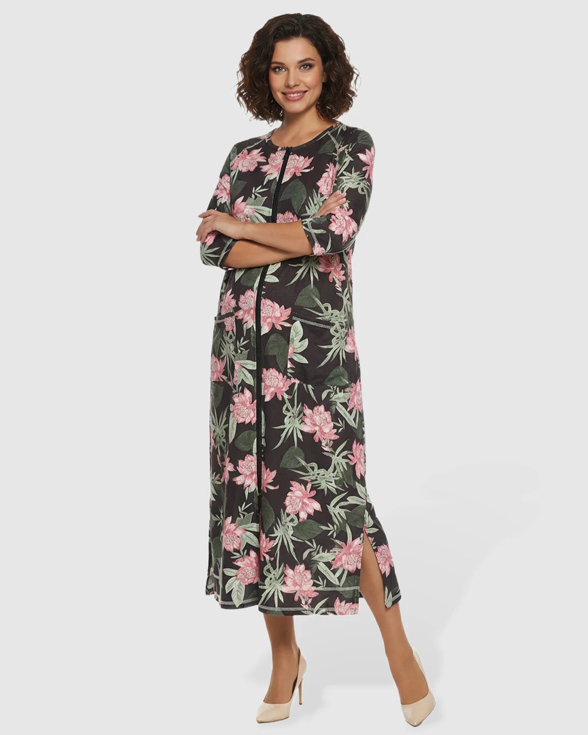 Front Zipper Floral Print Maternity Nursing Lounge Dress
