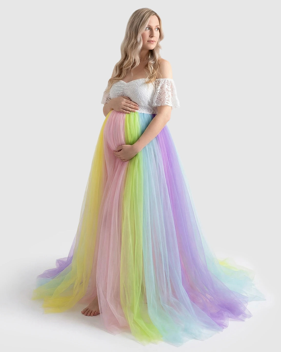 Lace-Spliced Rainbow Trailing Maternity Gown