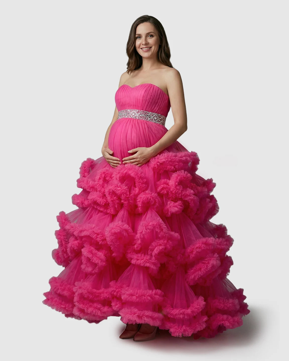 Strapless Bodice Multi-Layered Ruffled Skirt Maternity Photoshoot Dress