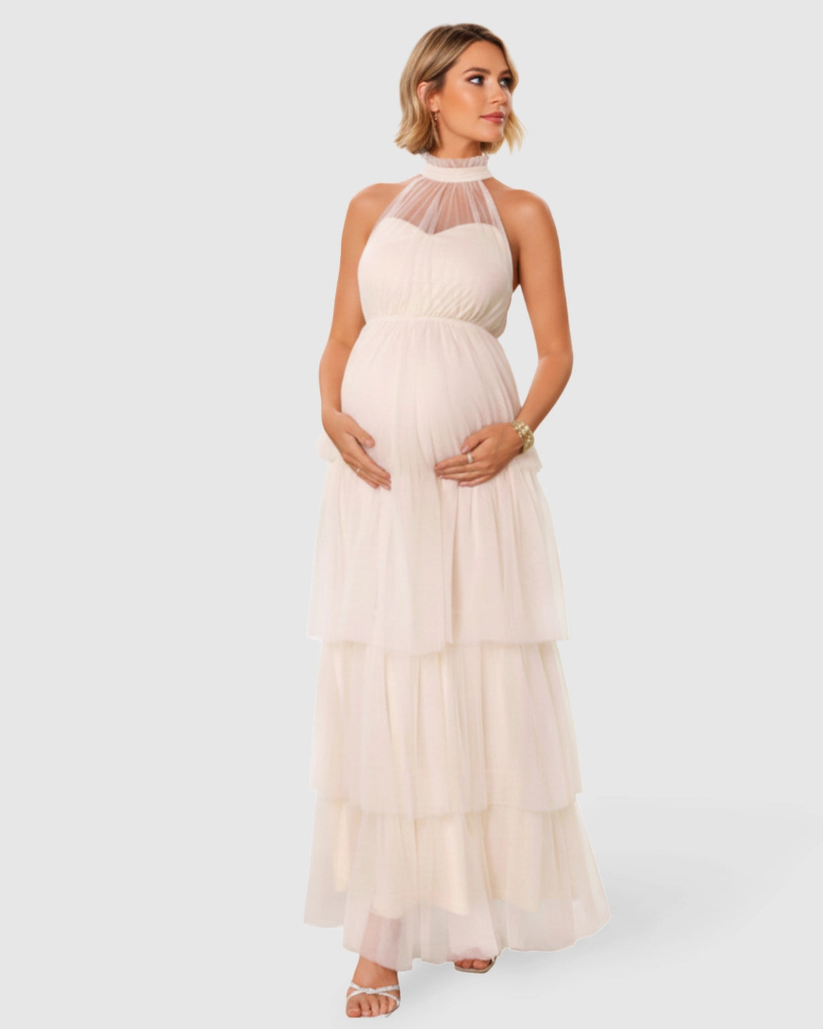 Halter Neck Tiered Mesh Maternity Gown