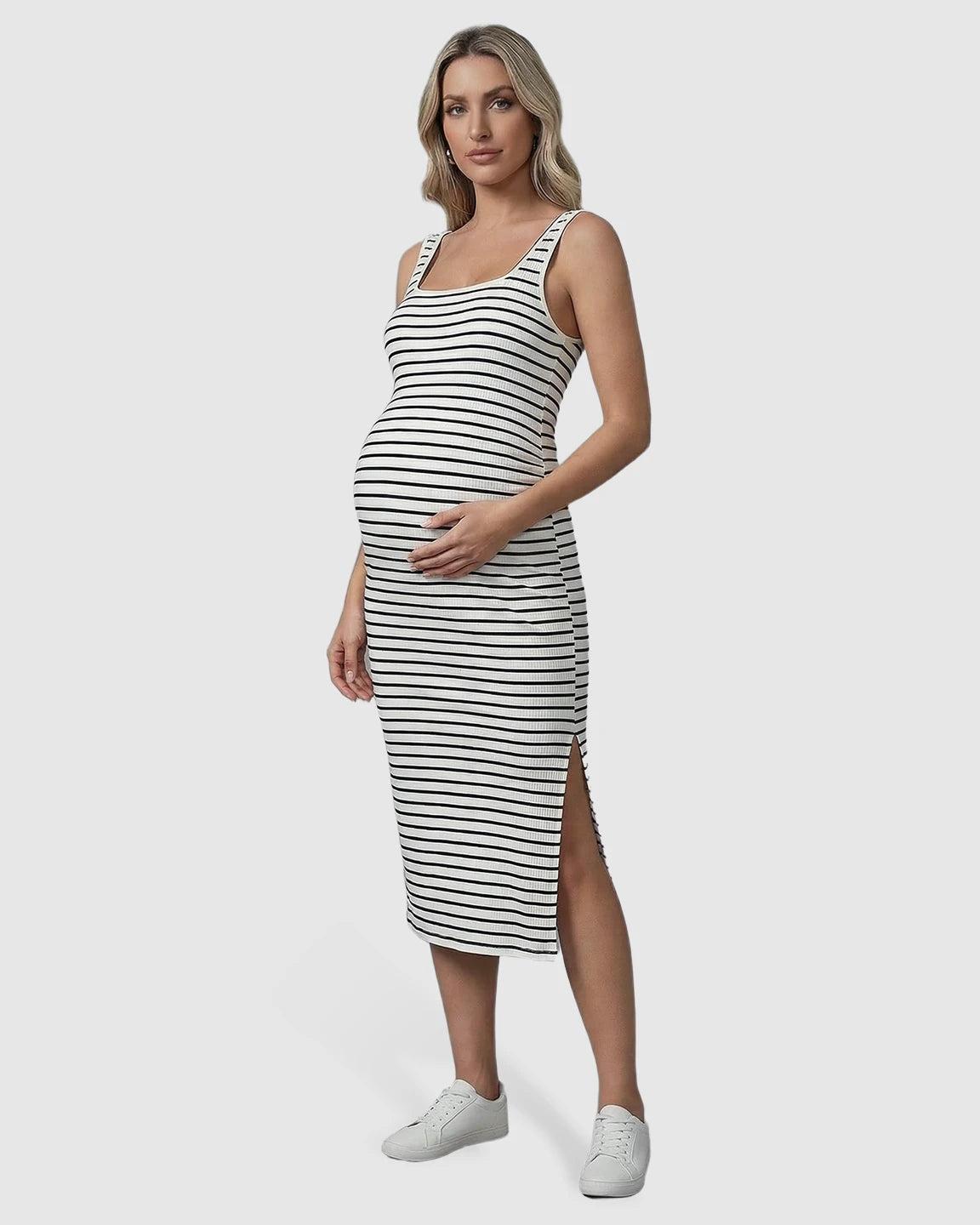 Stripe Print Side Slit Maternity Midi Dress