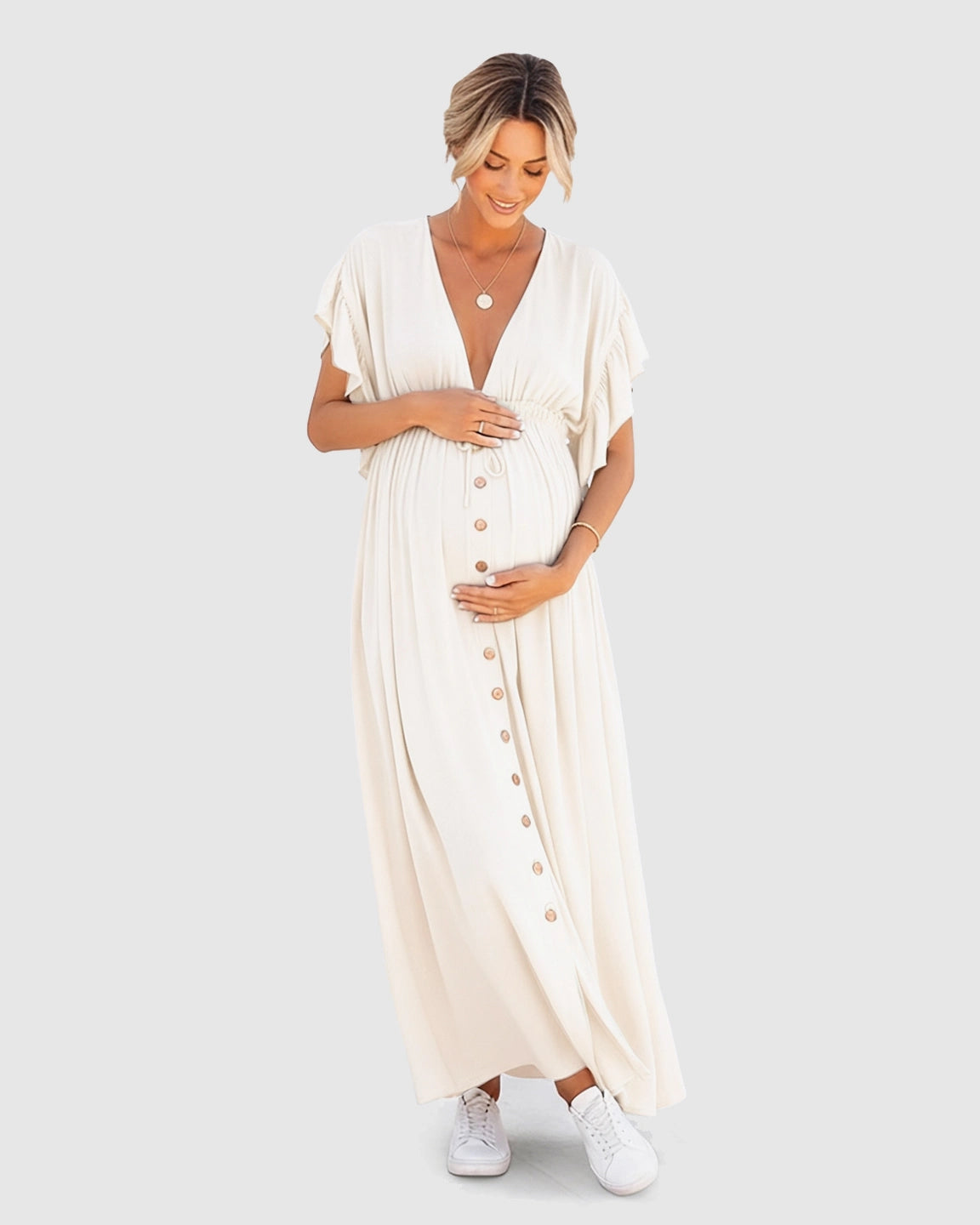 Button-Front Deep V Neck Maxi Beach Cover-Up Dress