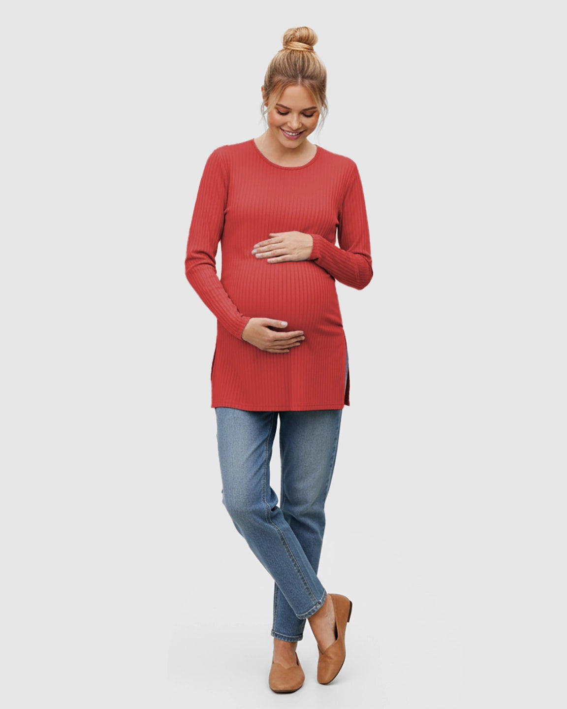 Ribbed Knit Long Sleeve Maternity Top with Side Slits