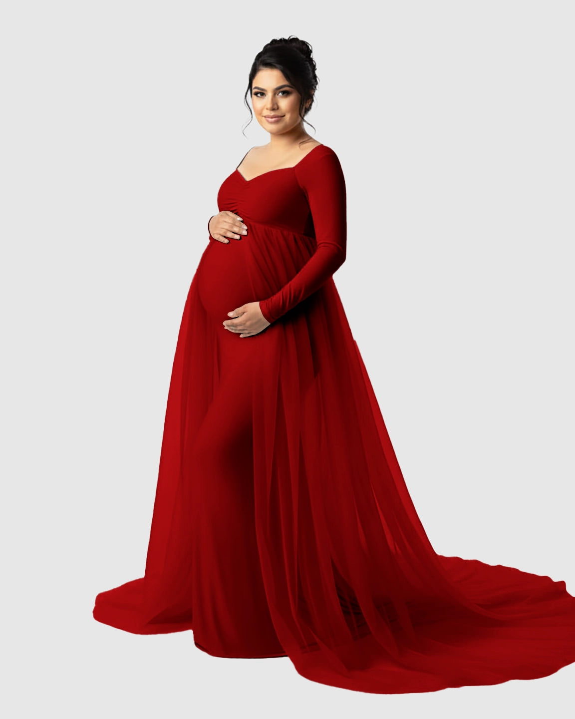 Sheer Mesh Flowy Train Maternity Maxi Dress