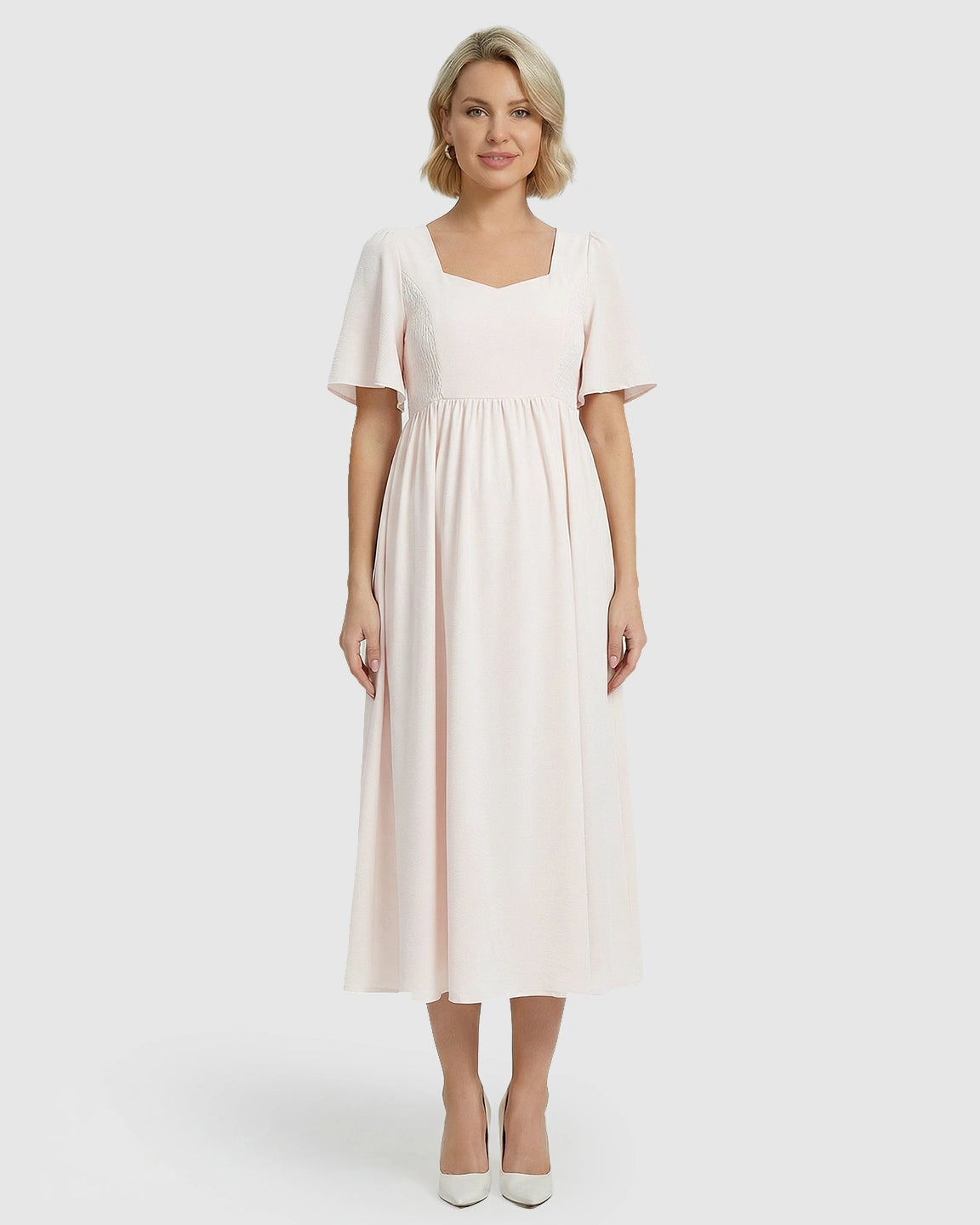 Shirred Ruffle Sleeve Swing Maternity Midi Dress