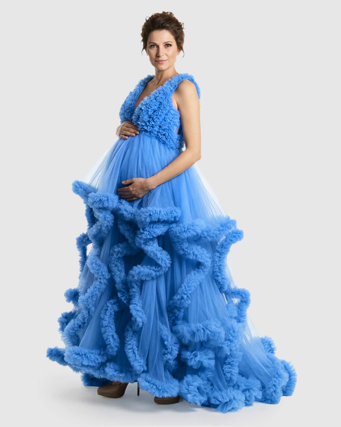 Ruffled Bodice Multi-Layer Mesh Pleats Maternity Gown