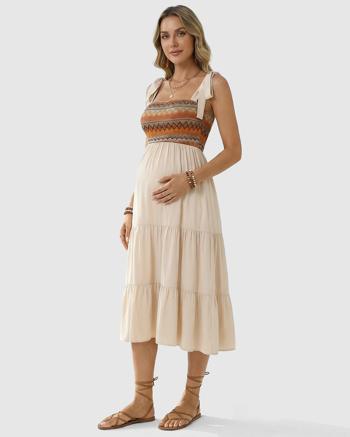 Smocked Ethnic Bodice Tiered A-Line Maternity Sundress