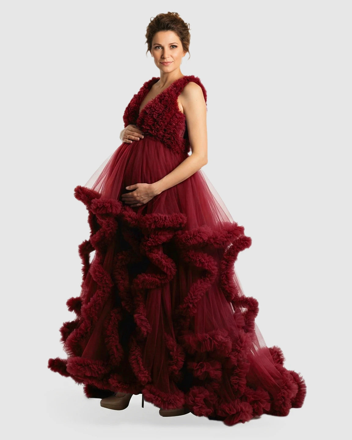 Ruffled Bodice Multi-Layer Mesh Pleats Maternity Gown