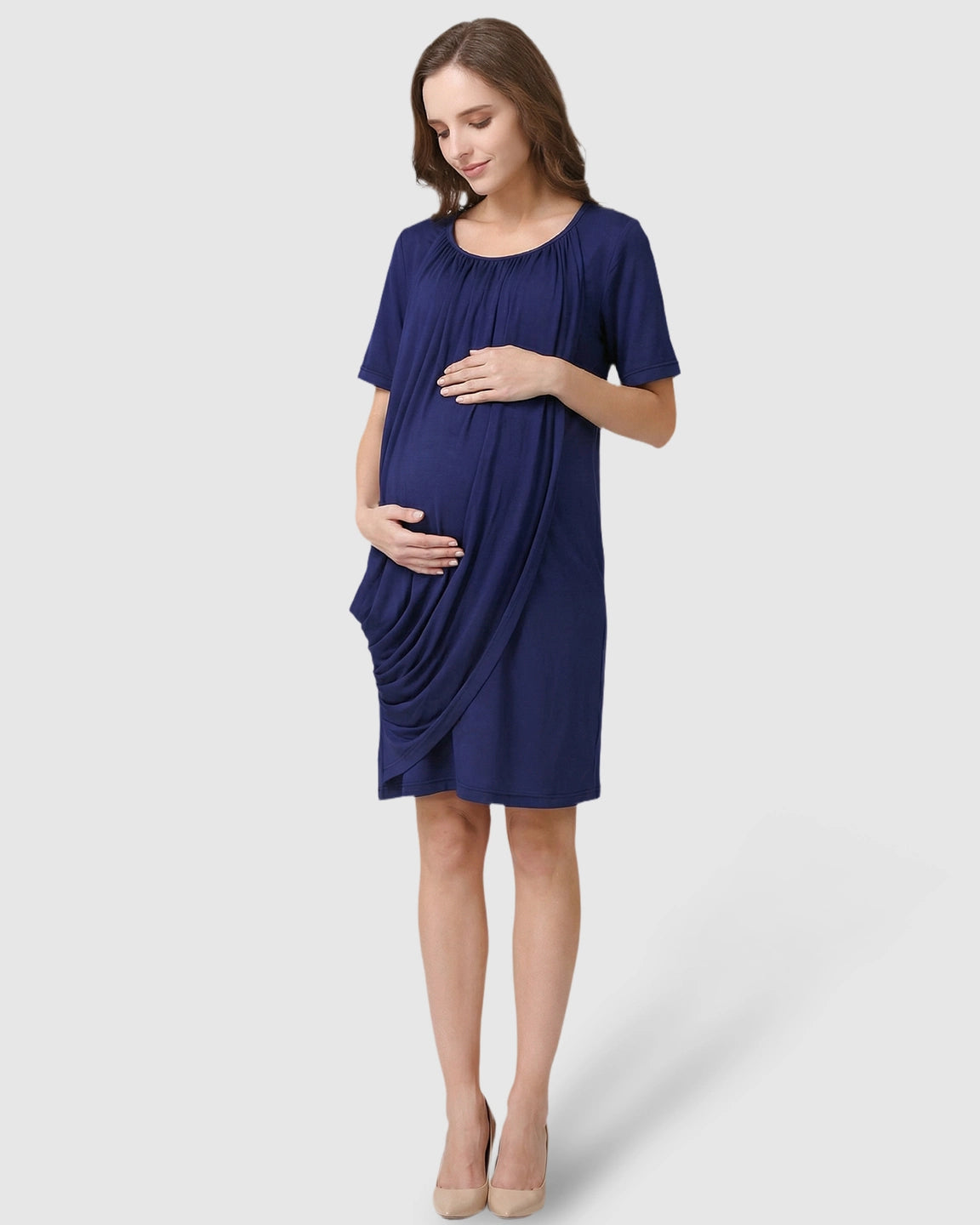 Hidden Nursing Access Draped Maternity Short Dress