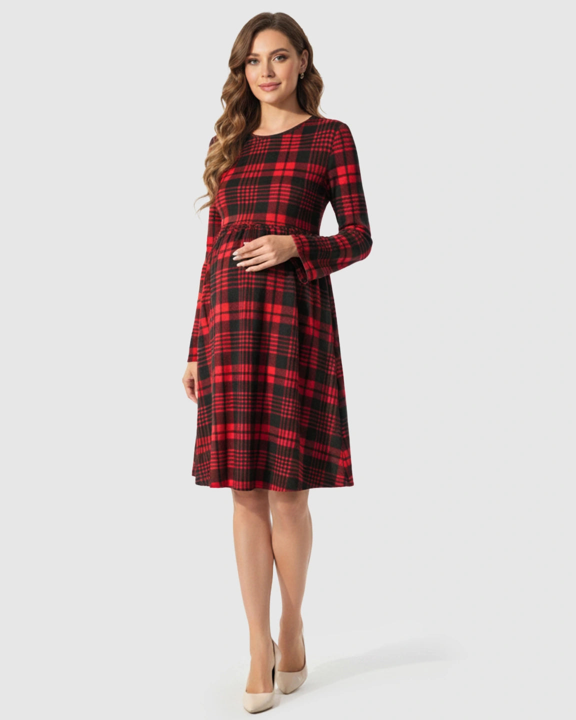 Red & Black Plaid Pattern A-Line Maternity Short Dress