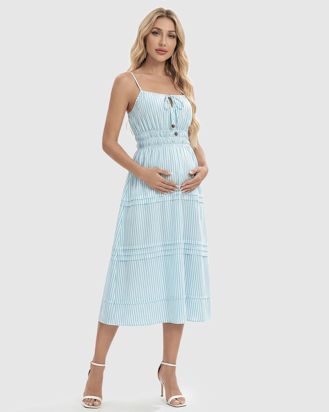 Smocked-Waist Striped A-Line Maternity Midi Dress