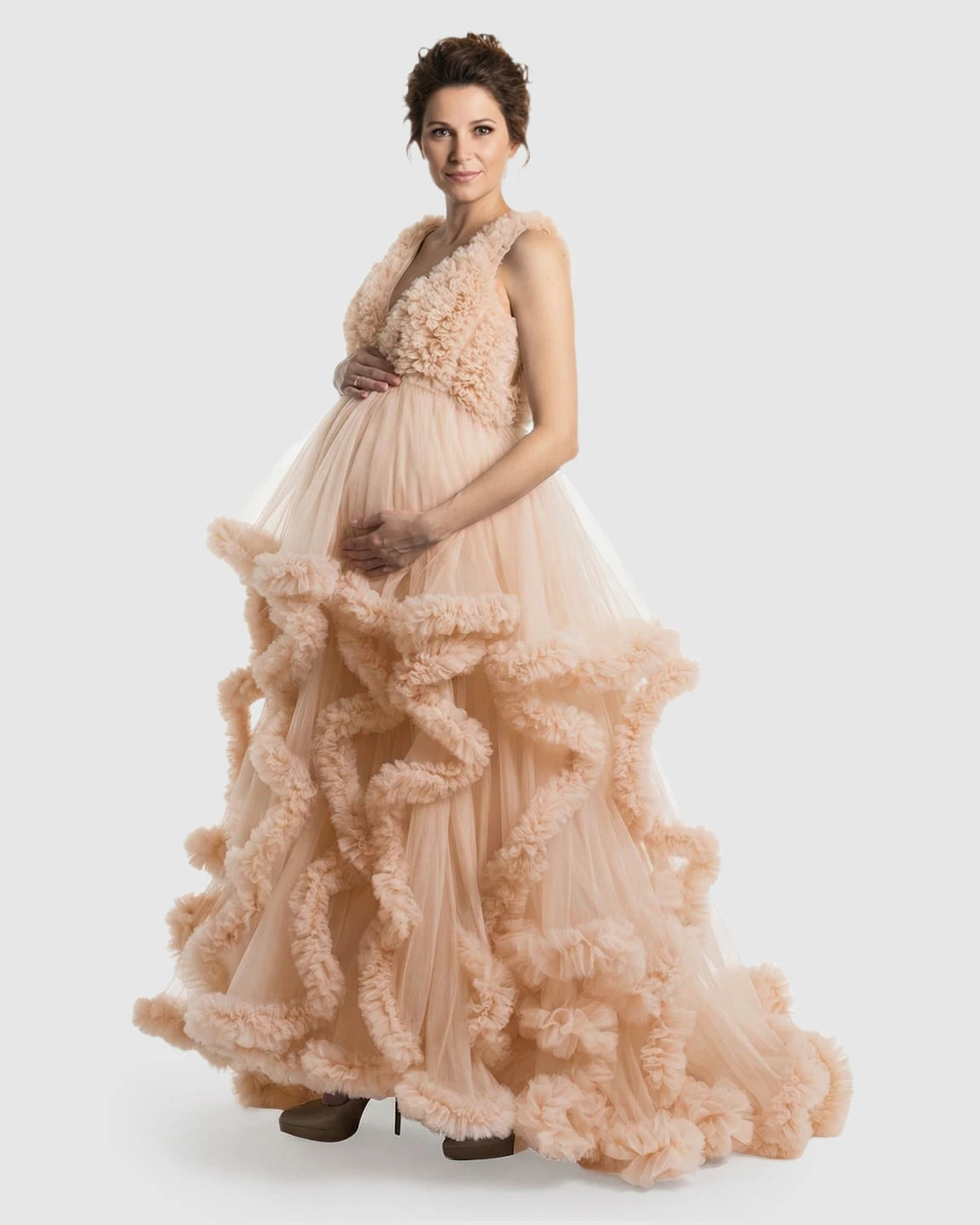 Ruffled Bodice Multi-Layer Mesh Pleats Maternity Gown