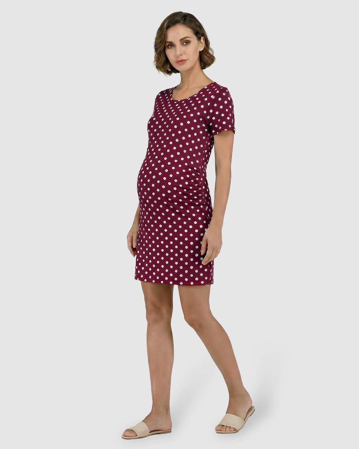 Ruched Polka Dot Bodycon Maternity Midi Dress