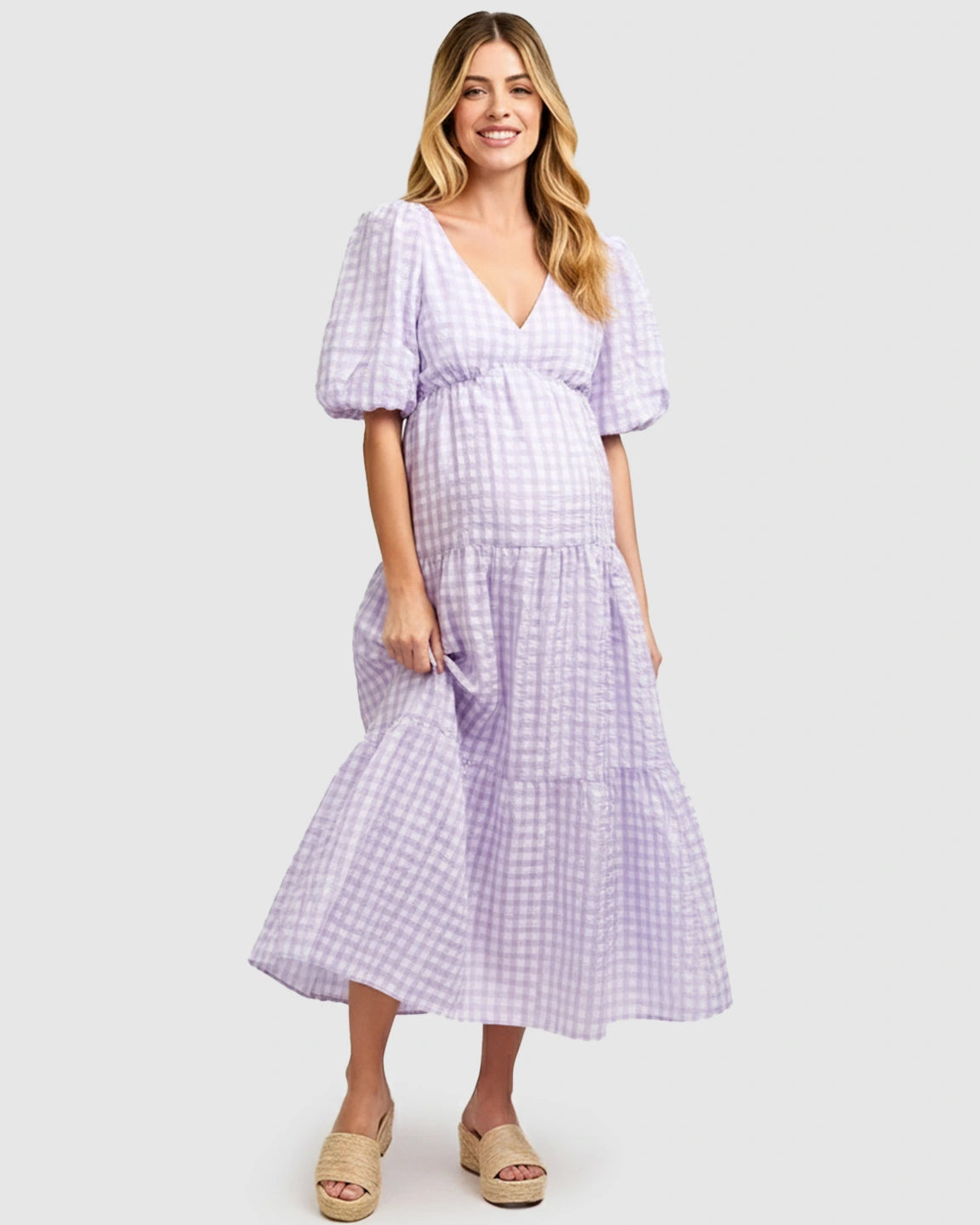 Puffed Sleeves Checkered Maternity Maxi Dress