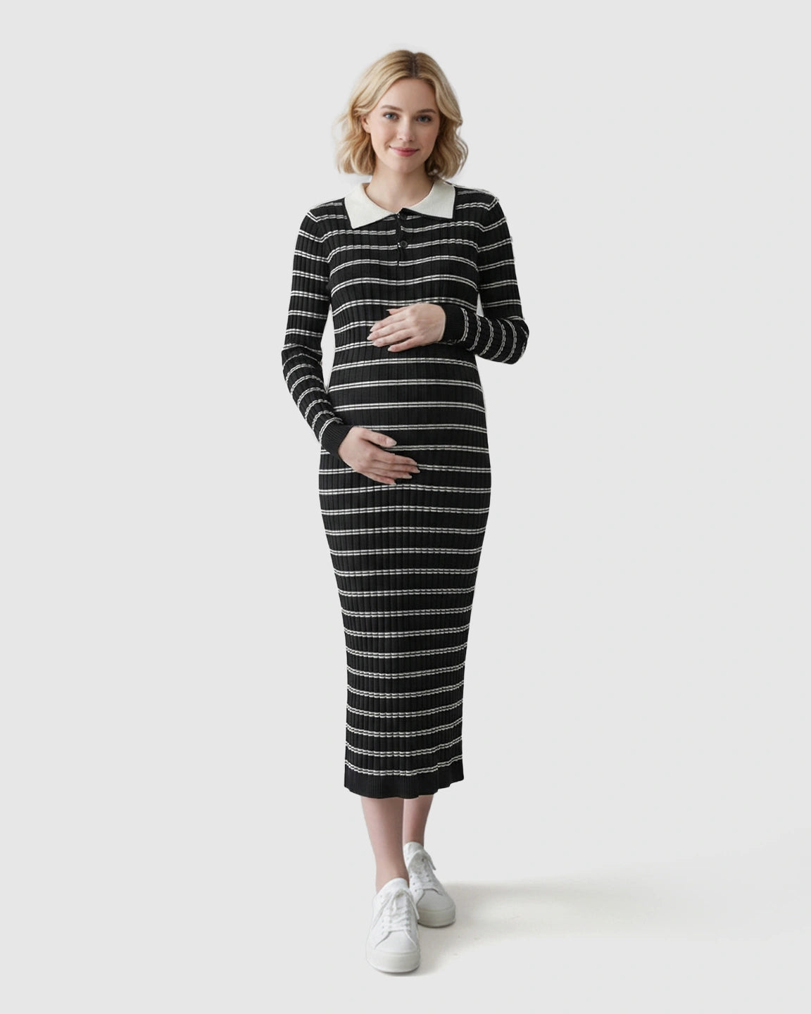 Contrast Collared Casual Maternity Midi Dress