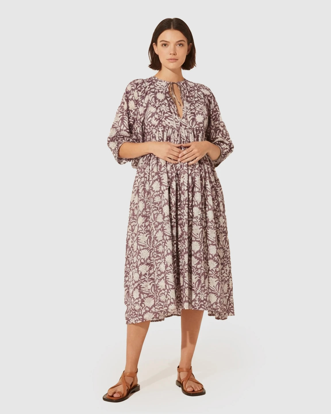 Knot Neckline Puff Sleeve Maternity Midi Dress