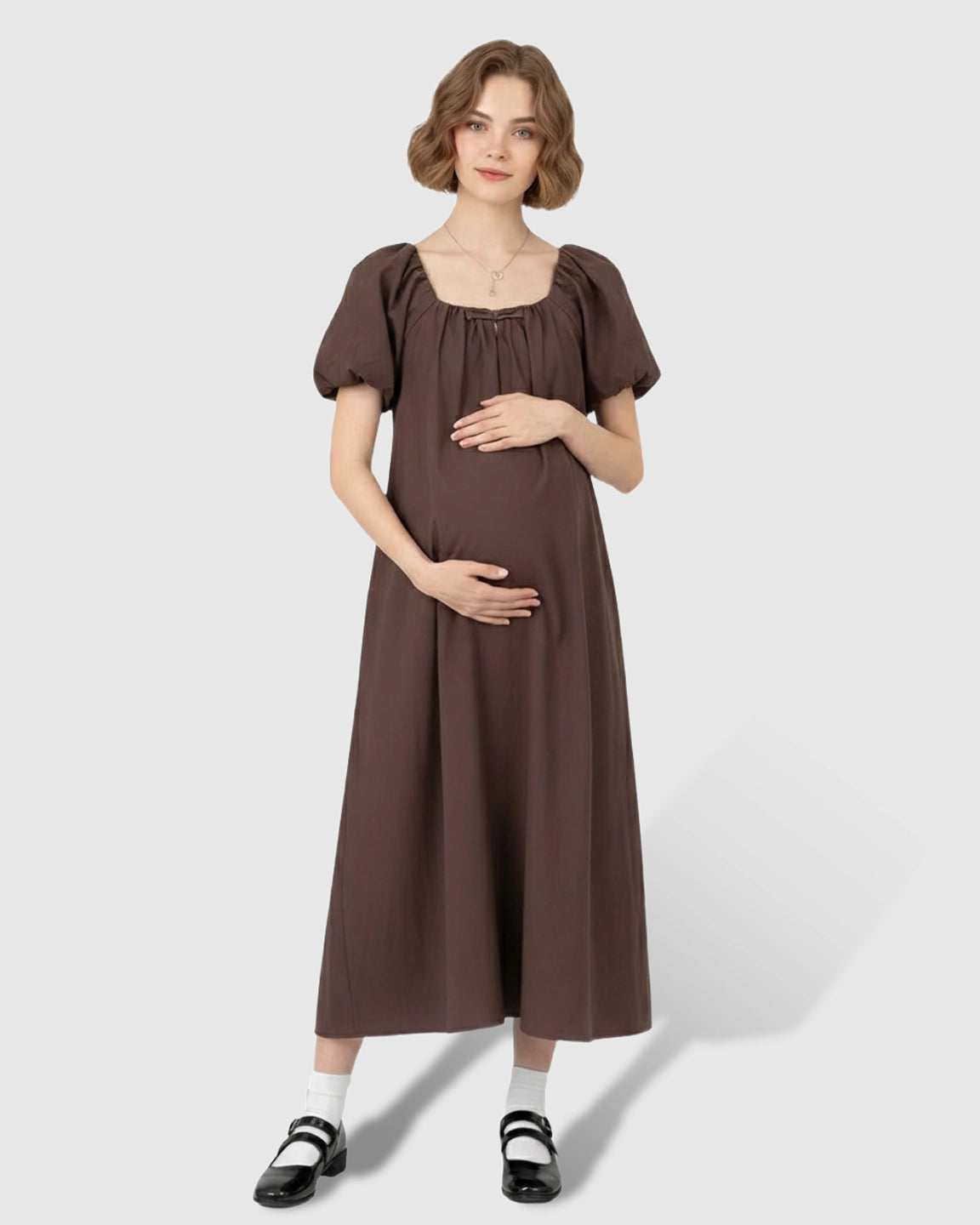 Short Puff Sleeve Casual Maternity Maxi Dress