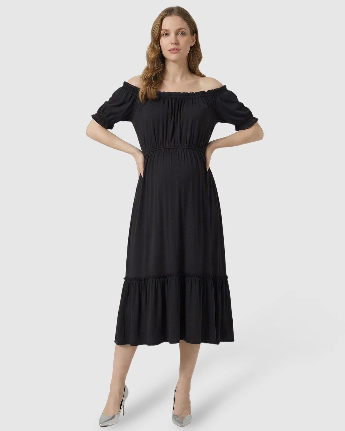 Ruched Off-Shoulder Maternity Midi Dress