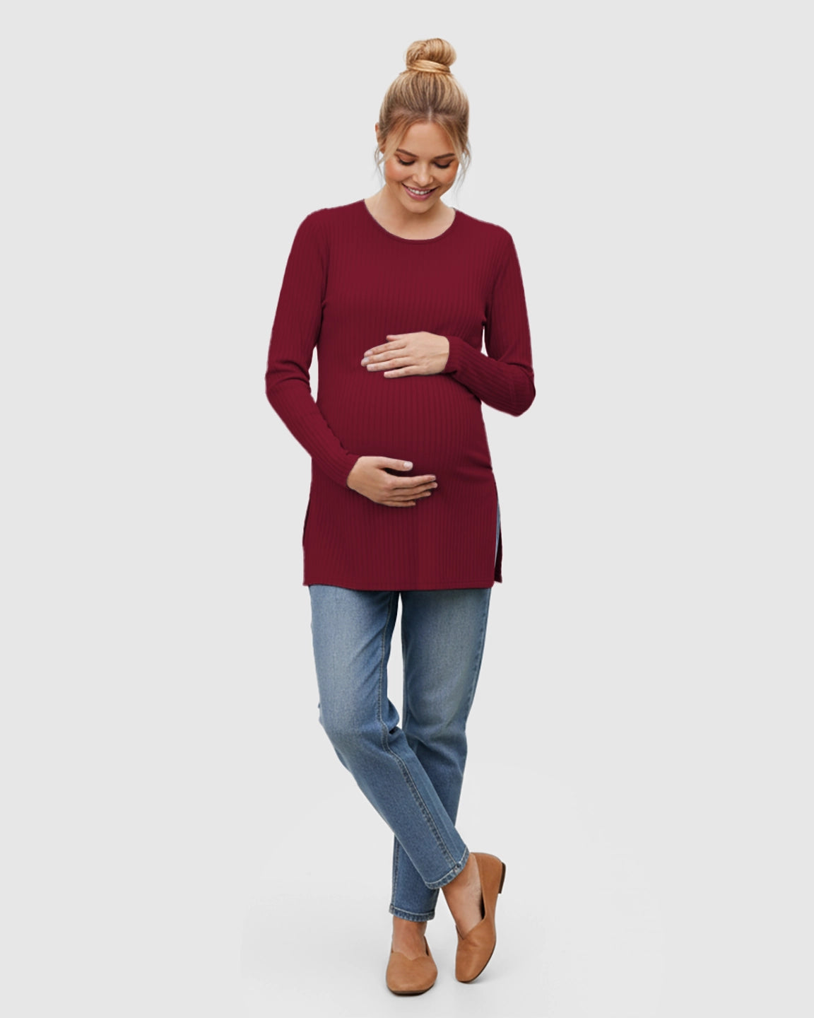 Ribbed Knit Long Sleeve Maternity Top with Side Slits