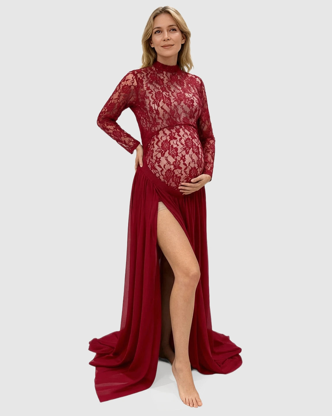 Sheer Lace Double Slit Maternity Photoshoot Gown