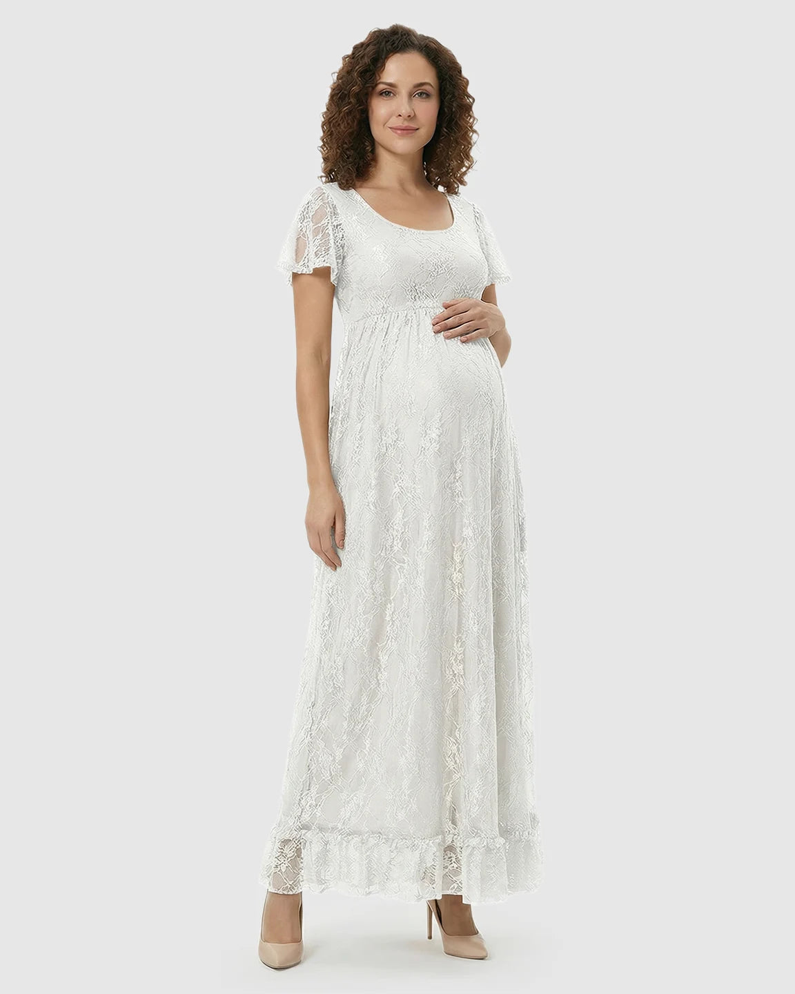 Ruffled Hem Floral Lace Maternity Photoshoot Dress