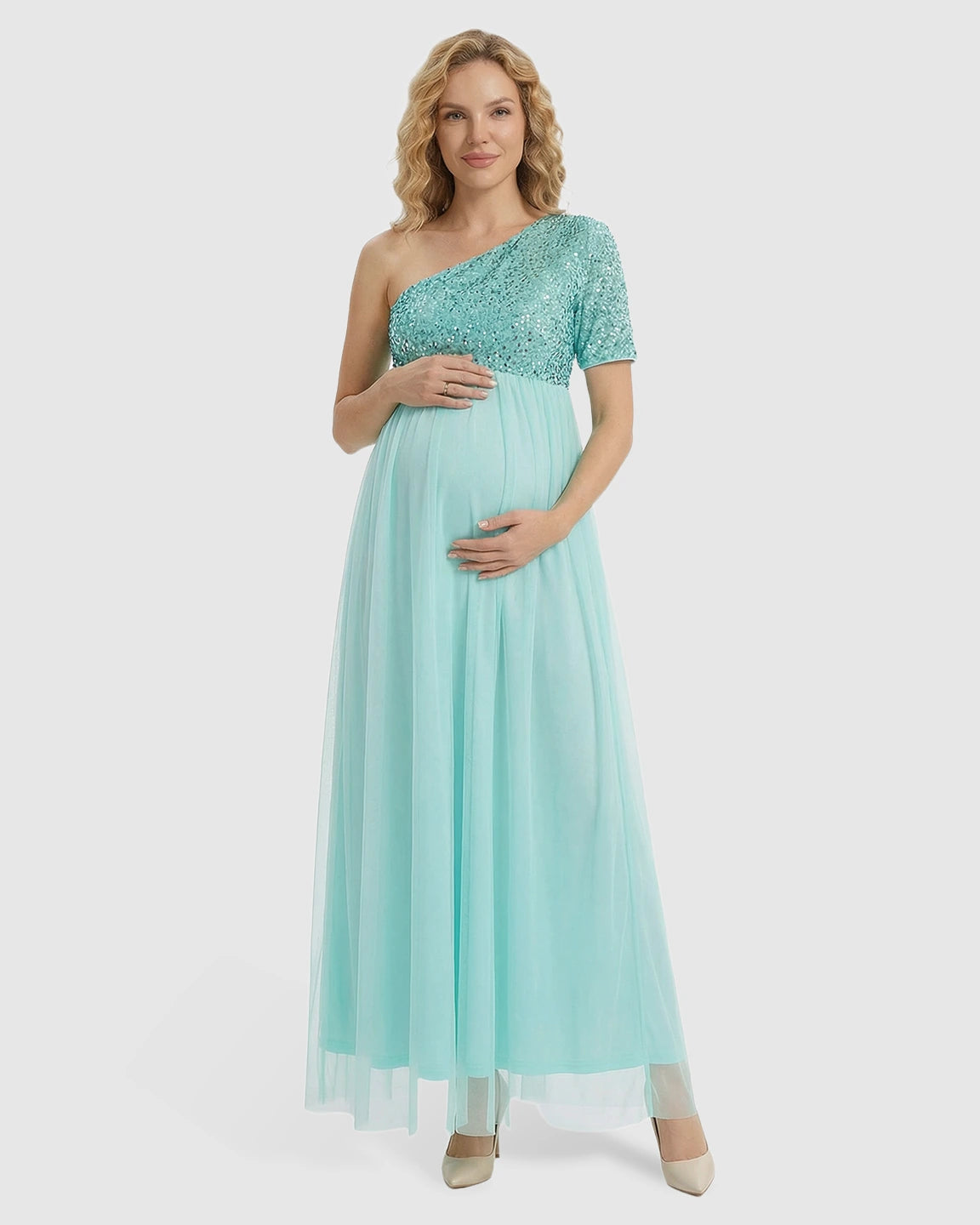 Sequin One-Shoulder Flowy Maternity Maxi Dress