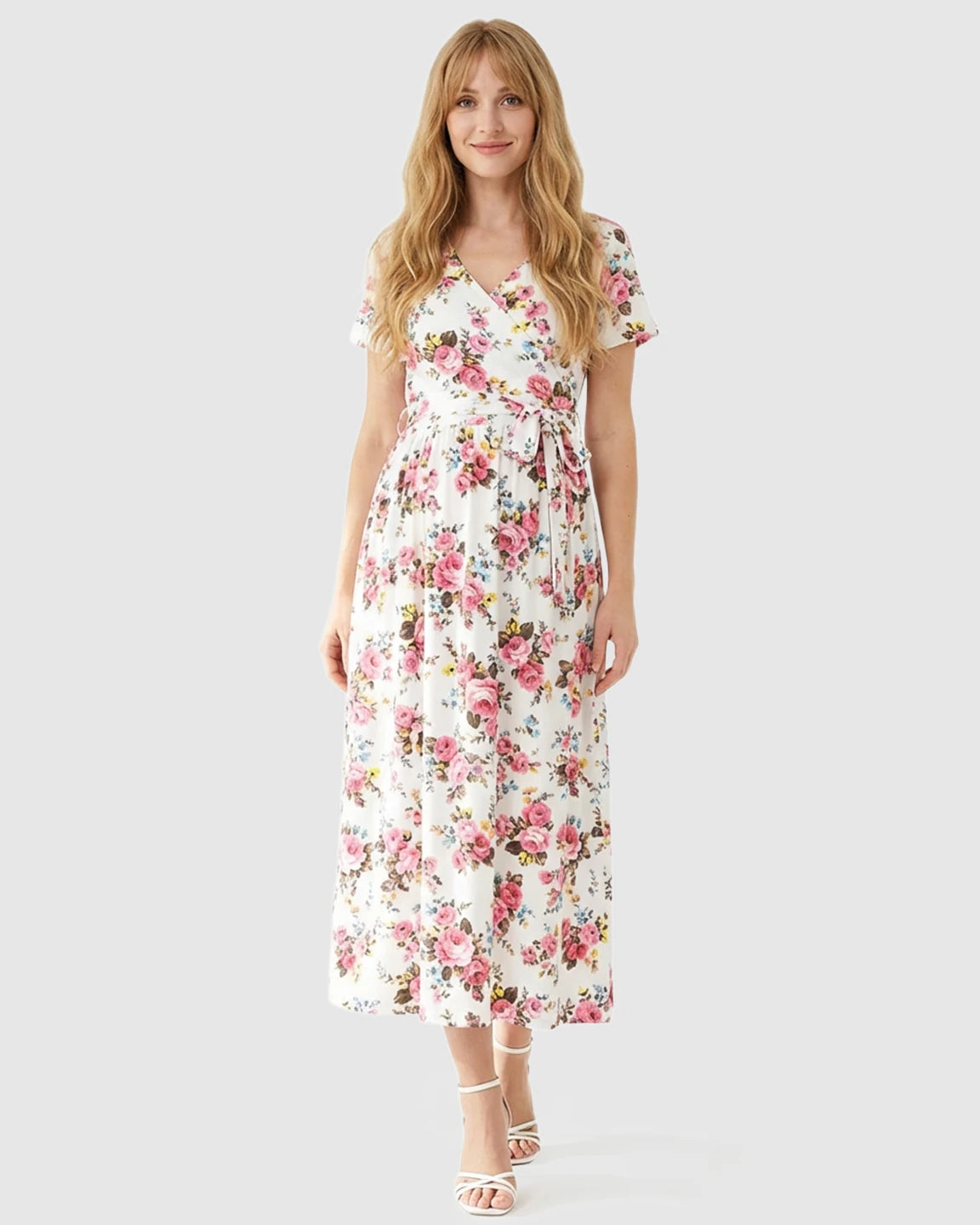 Floral V-Neck Tie-Belt Nursing Maxi Dress