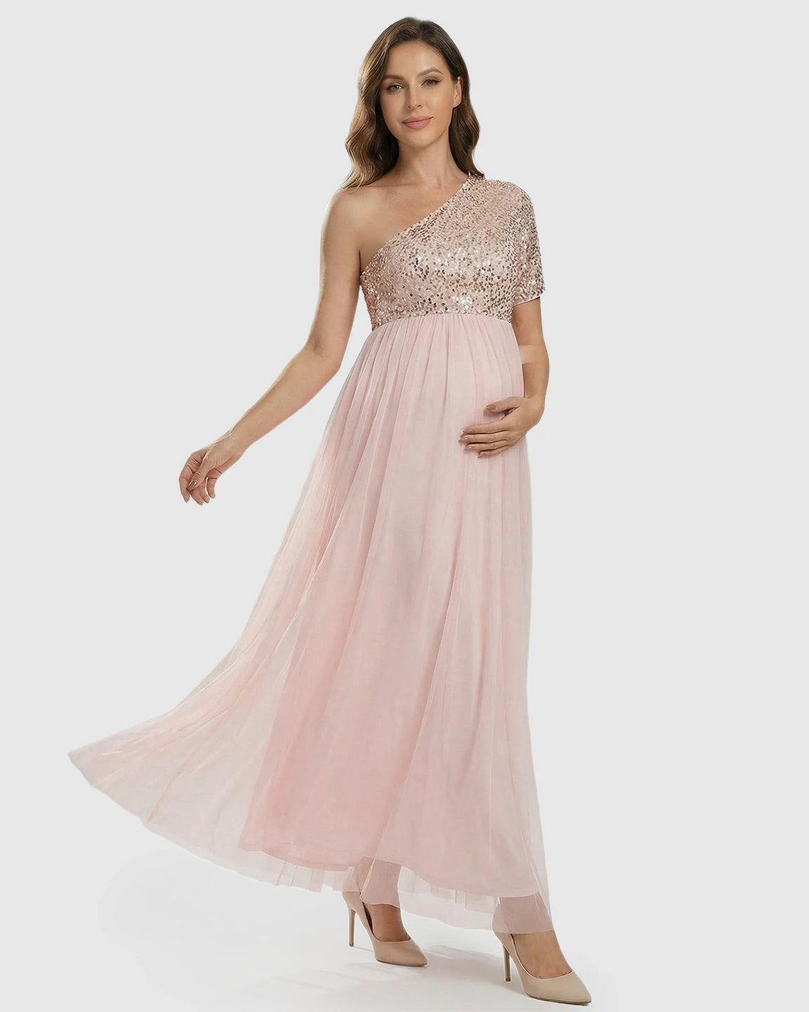 Sequin Bodice Flowing Mesh Maternity Maxi Dress