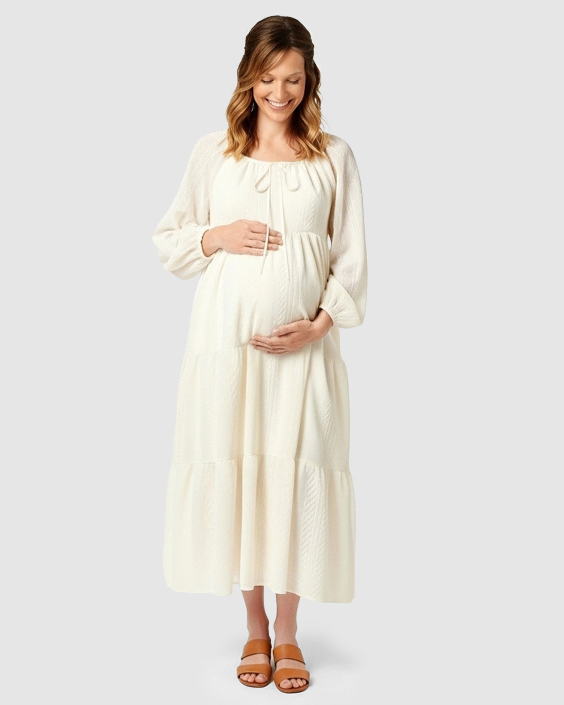 Square Neck Flared Long Sleeve Maternity Dress
