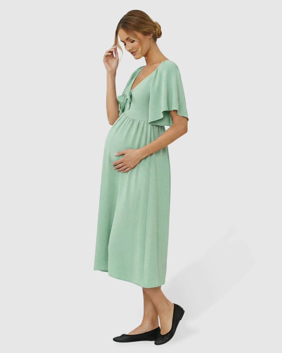 Tie-Knot Front Swing Silhouette Maternity Midi Dress