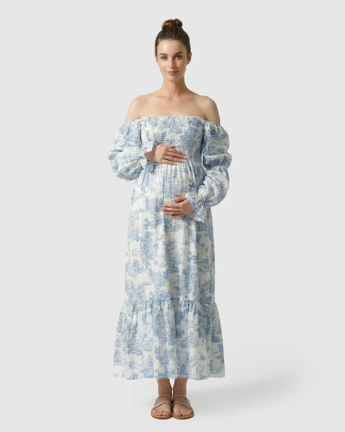 Puff Sleeves Floral Tiered Maternity Maxi Dress