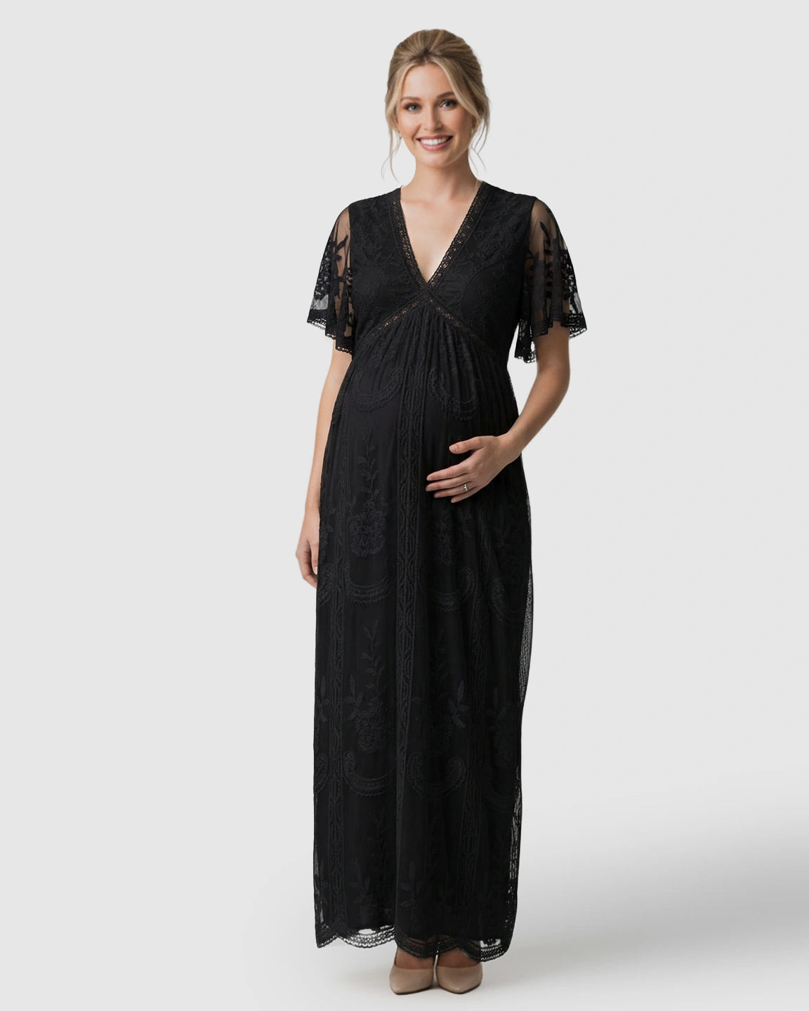 Sheer-Lace Romantic Maternity Maxi Dress
