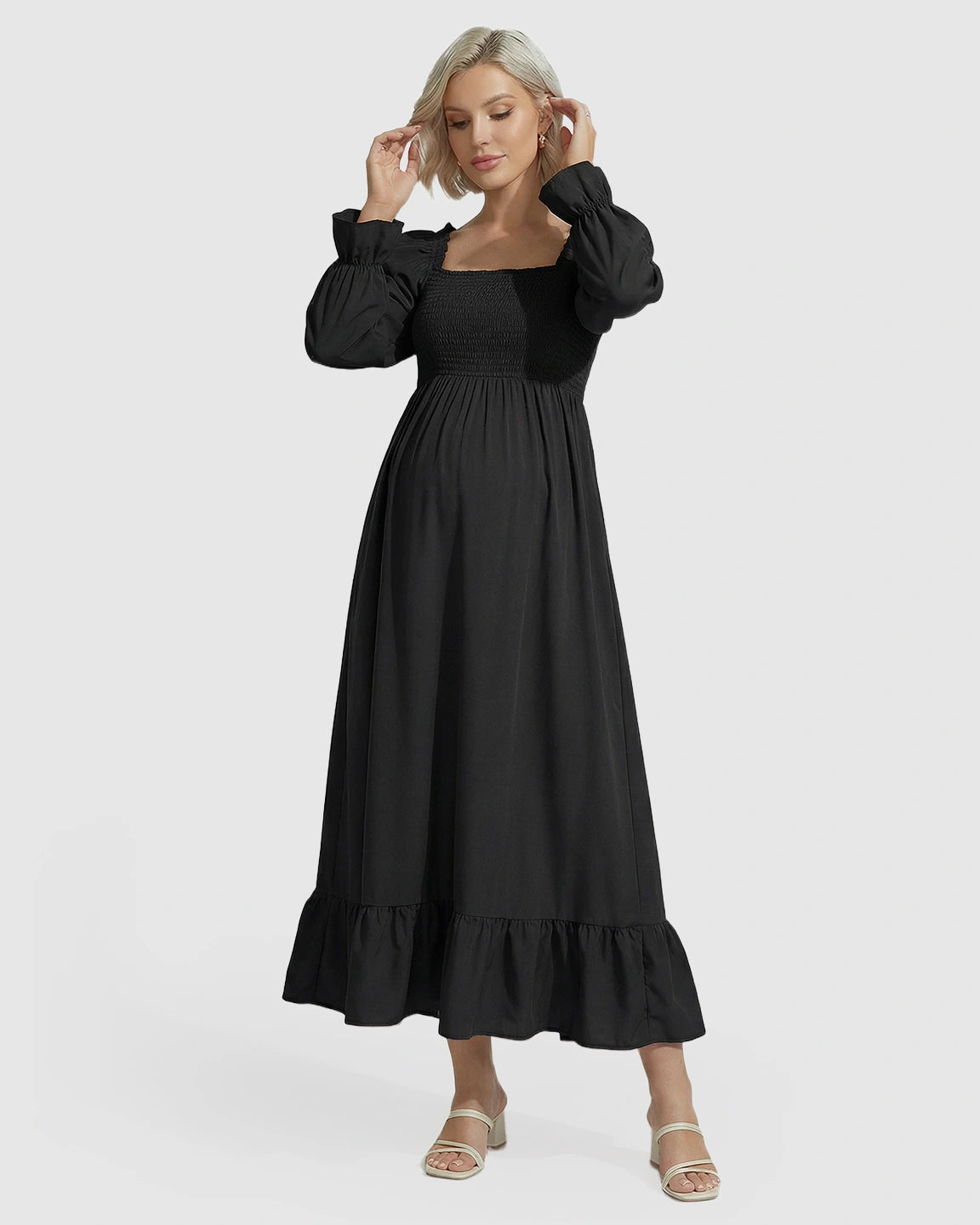 Ruffled Square-Neck Babydoll Maternity Maxi Dress