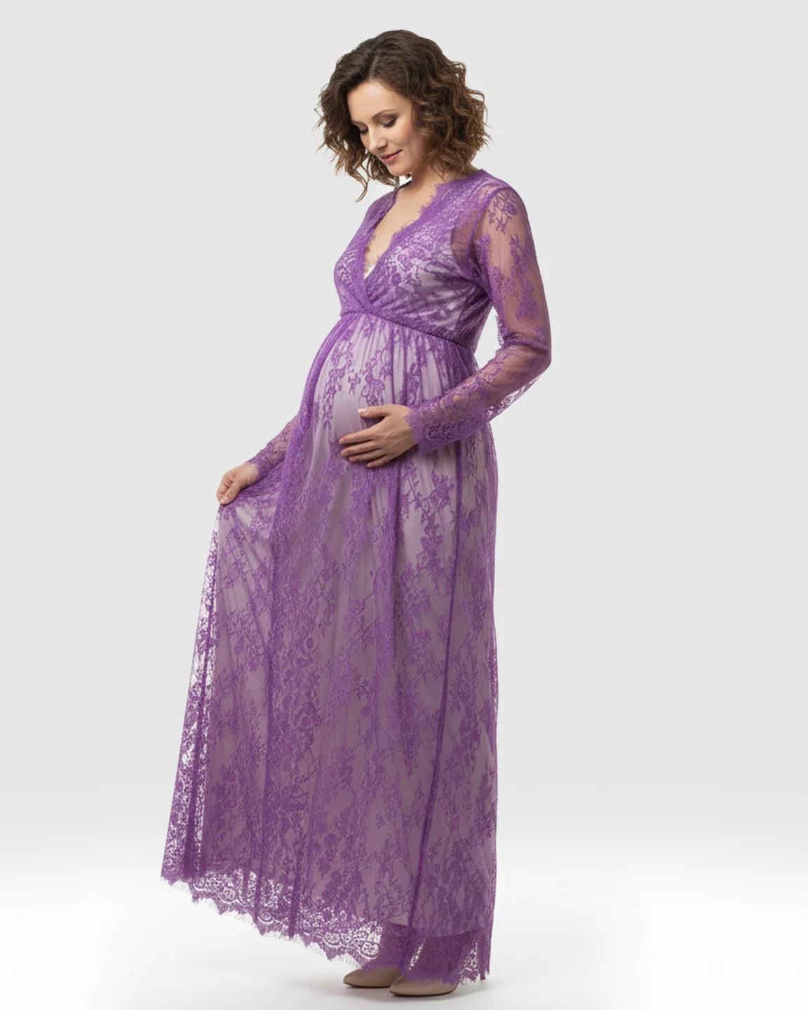 Sheer Floral Lace Empire Waist Maternity Maxi Dress