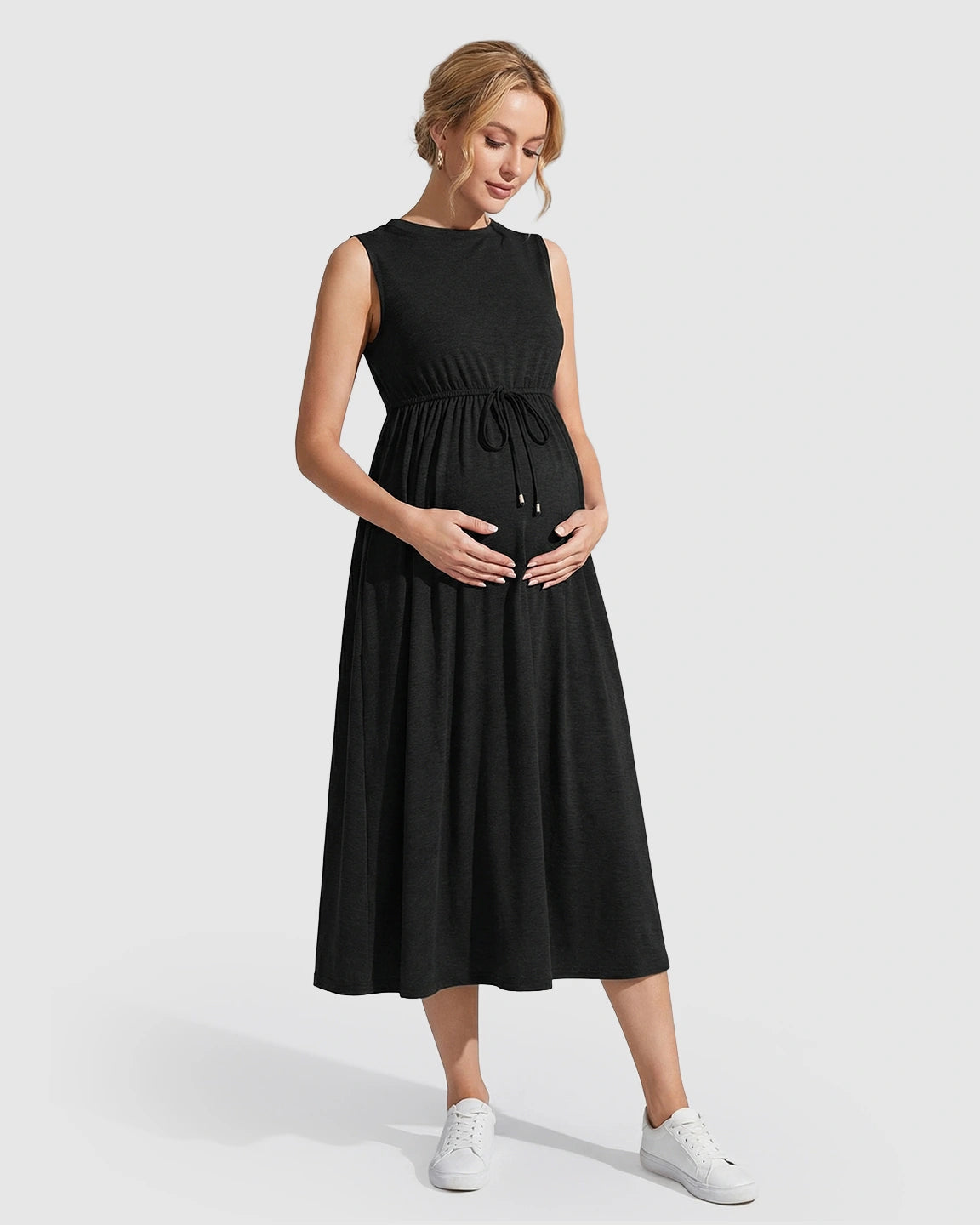 Drawstring Waist Sleeveless Maternity Midi Dress