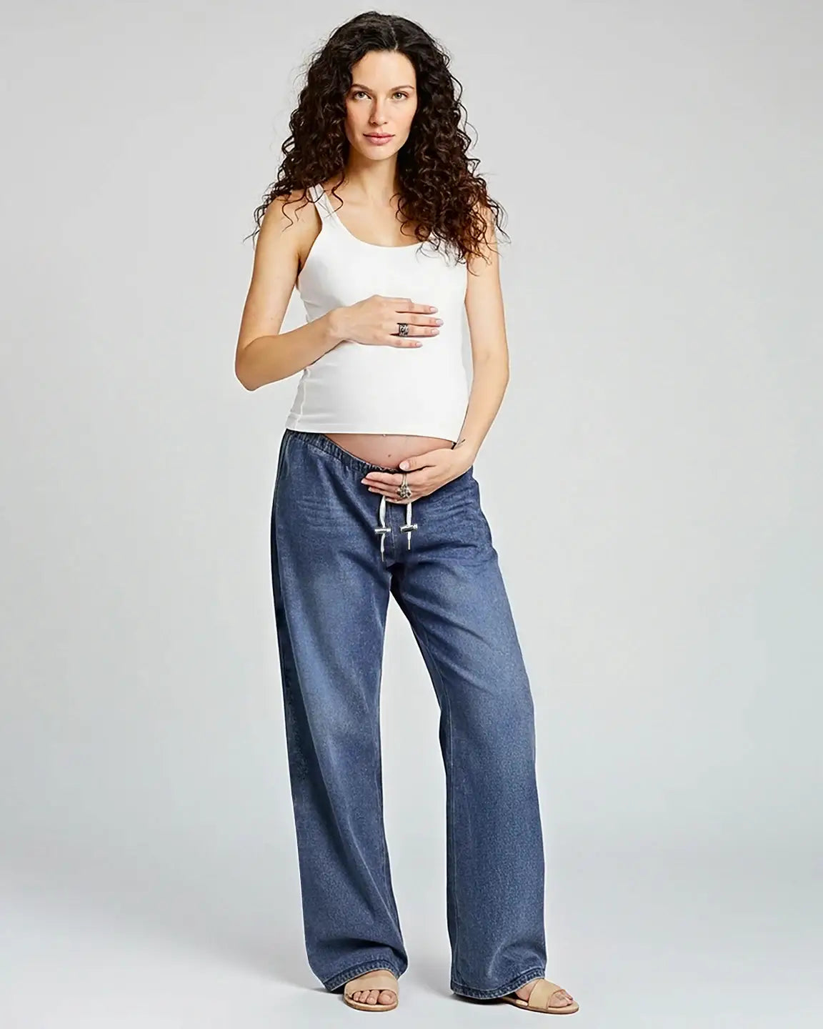 Baggy Wide-Leg Drawstring Maternity Jeans