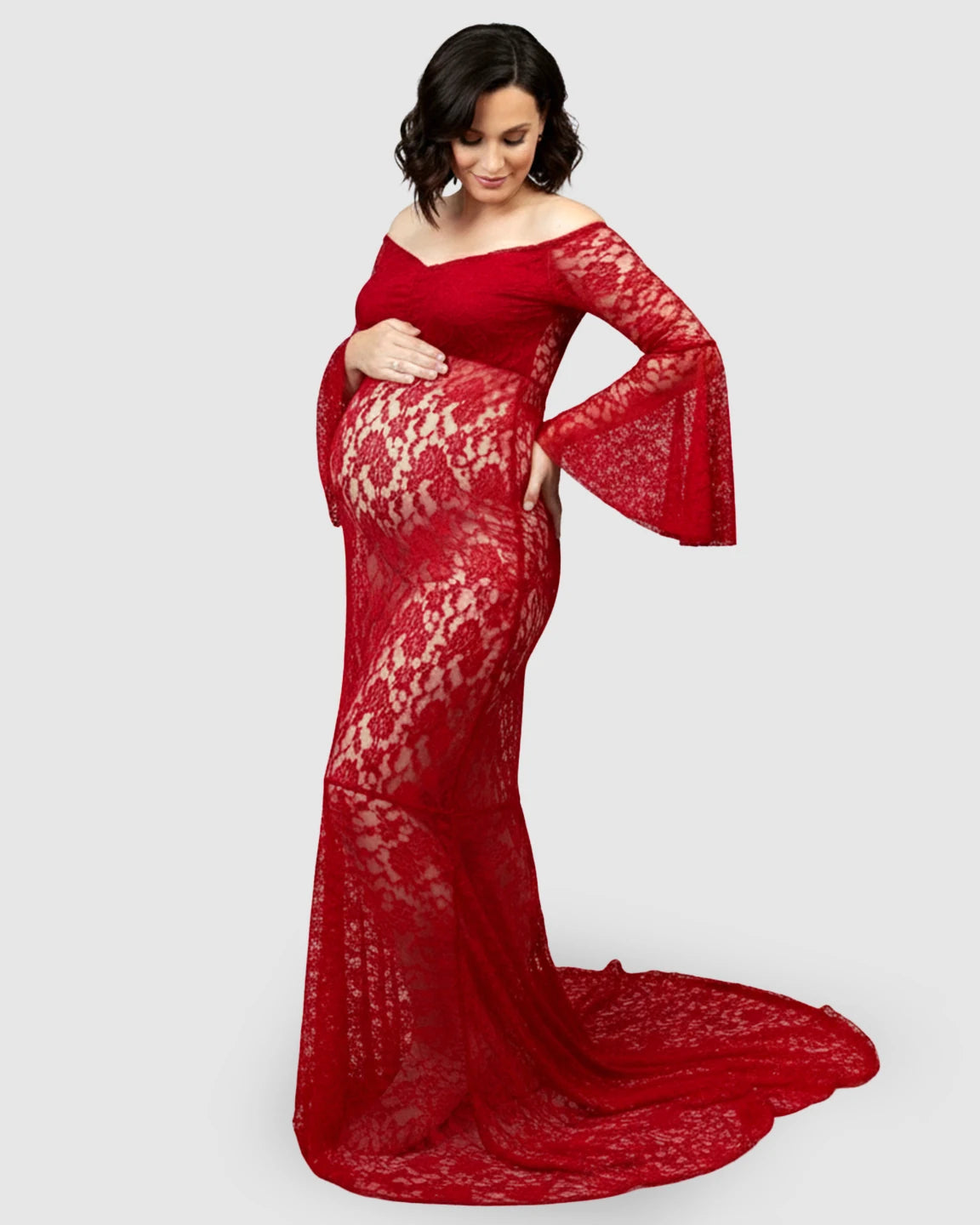 Bell Lace Sleeve Trailing Maternity Gown