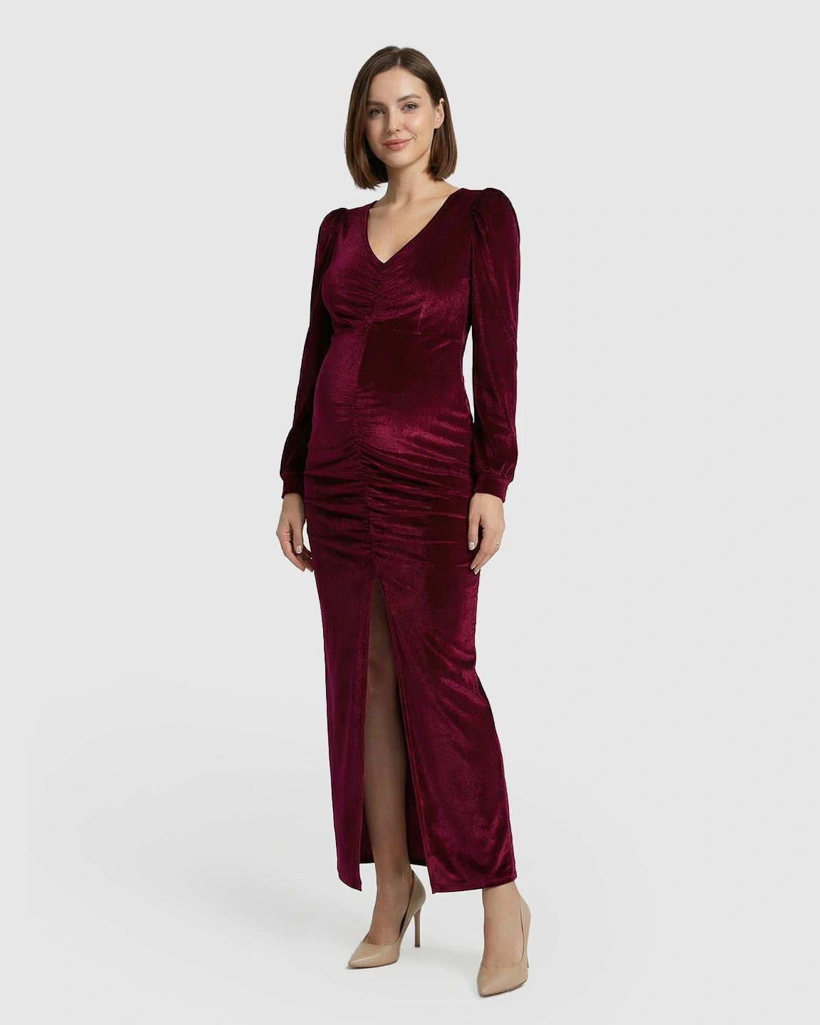 Puffed Velvet Sleeves Bodycon Maternity Evening Gown