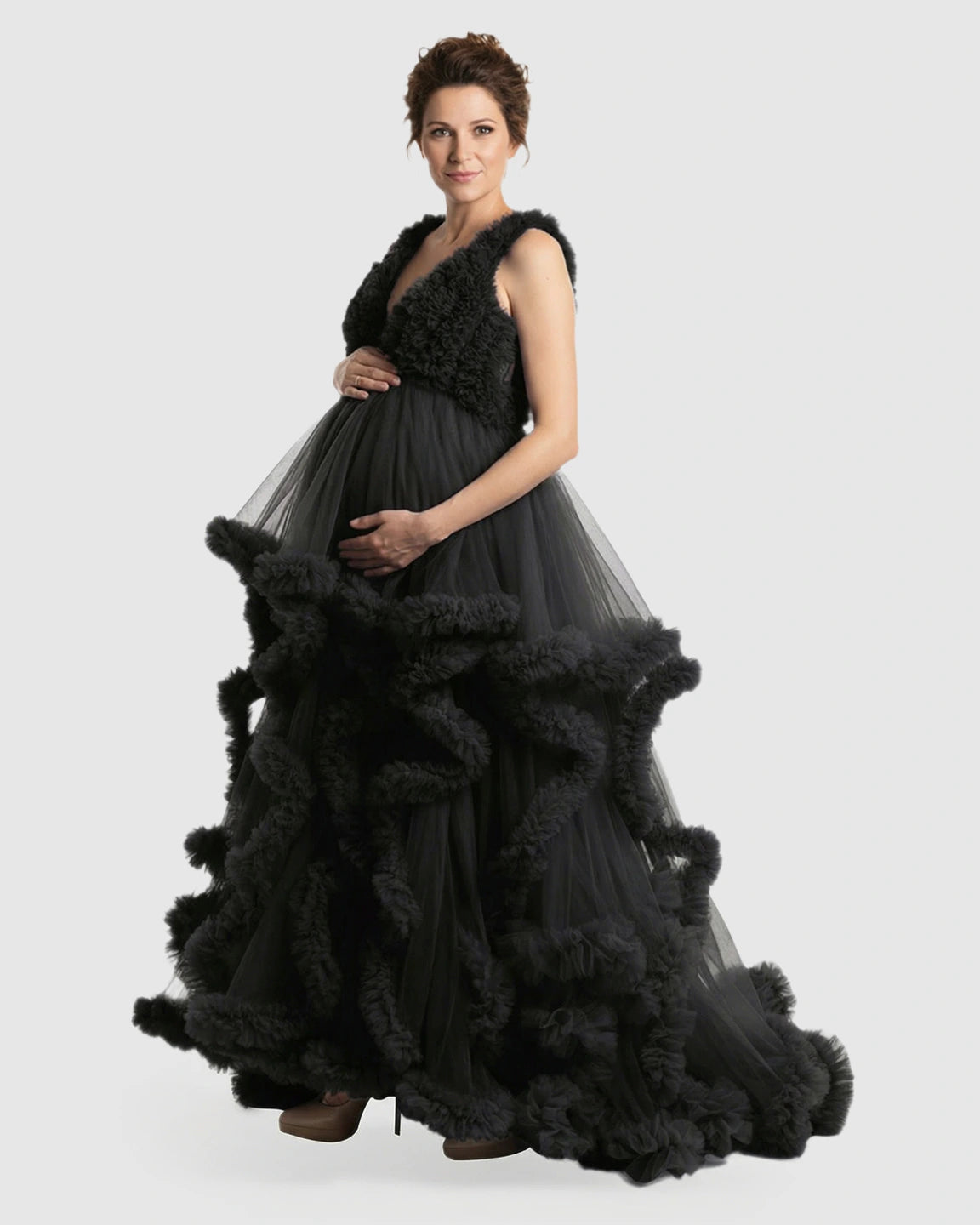 Ruffled Bodice Multi-Layer Mesh Pleats Maternity Gown