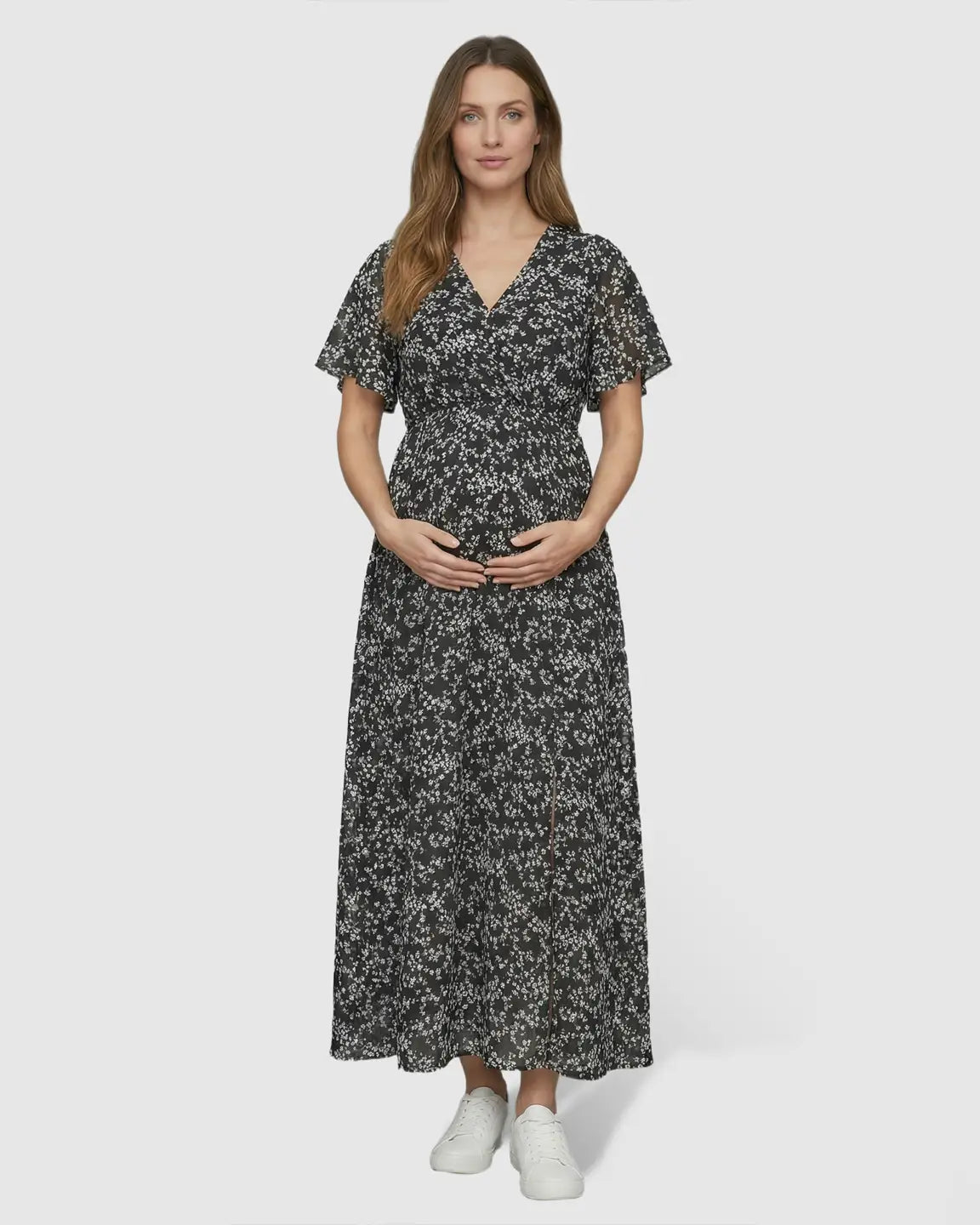 Cinched Waist Bohemian Style Maternity Maxi Dress