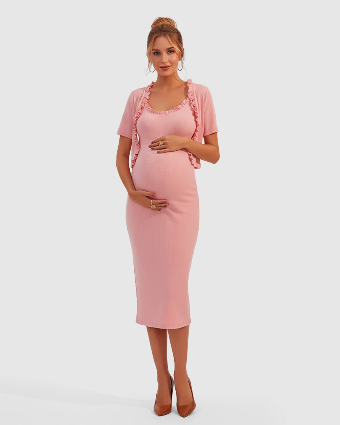 Ruffle Neck Bodycon Maternity Midi Dress Set