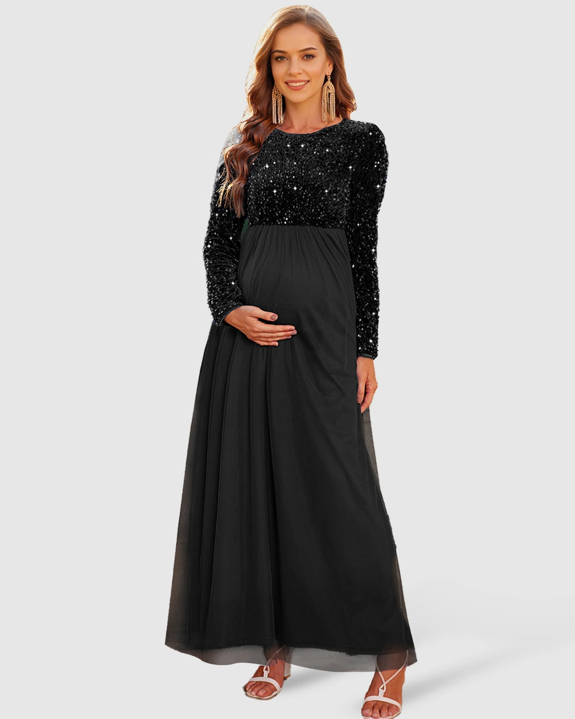 Sequin Long-Sleeve Empire Waist Maternity Maxi Dress