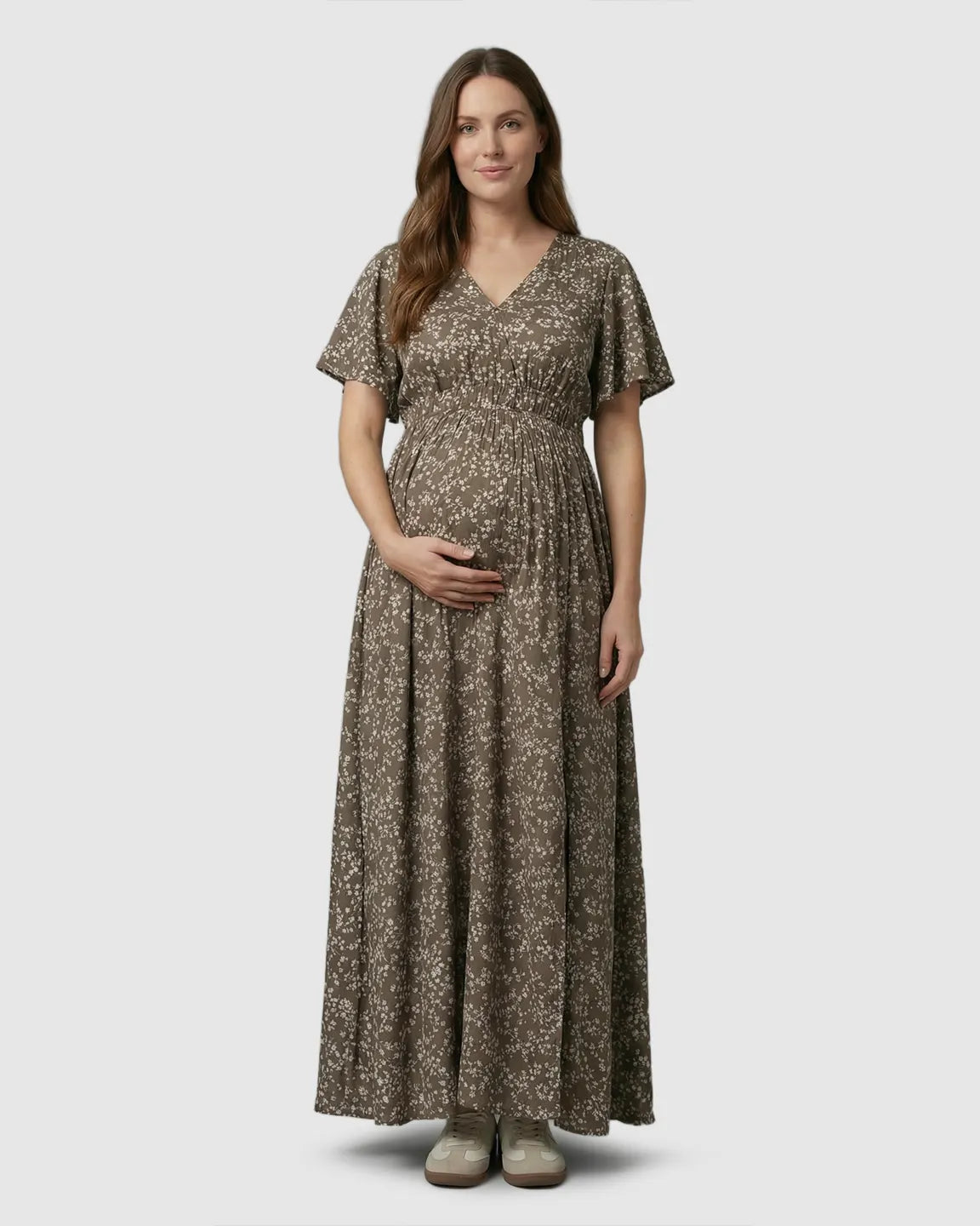Cinched Waist Bohemian Floral Maternity Maxi Dress