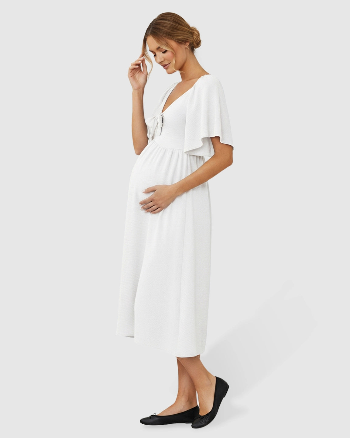 Tie-Knot Front Swing Silhouette Maternity Midi Dress