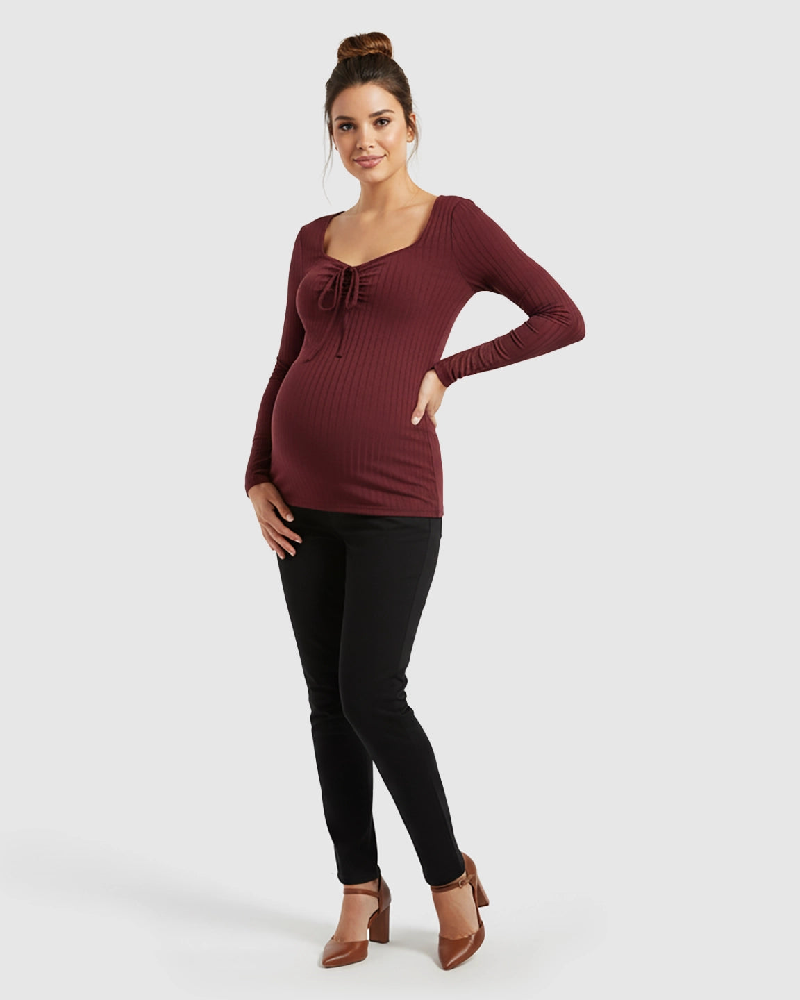 Ribbed Knit Tie Detail Square Neck Maternity Top